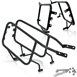 Black and silver motorcycle pannier racks in various shapes.